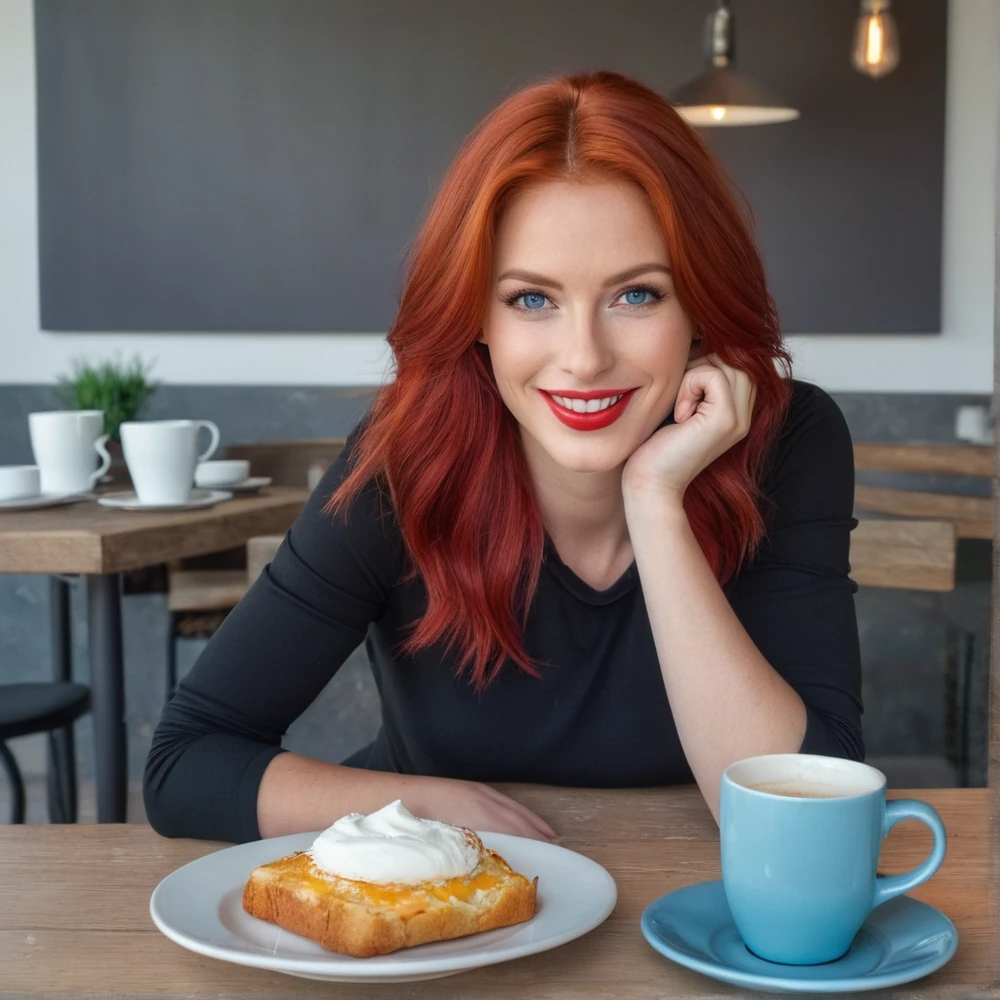 (((feuerRed hair))) Elena Fernades, Red hair, with light blue eyes, sitting at the breakfast table, black top, light jeans, Red lips, Breakfast food, Coffee on the table, Cell phone on the table, realistic picture. She looks into the camera with a smile, (((The photo is taken from opposite, by a person at the same table))) beautiful woman