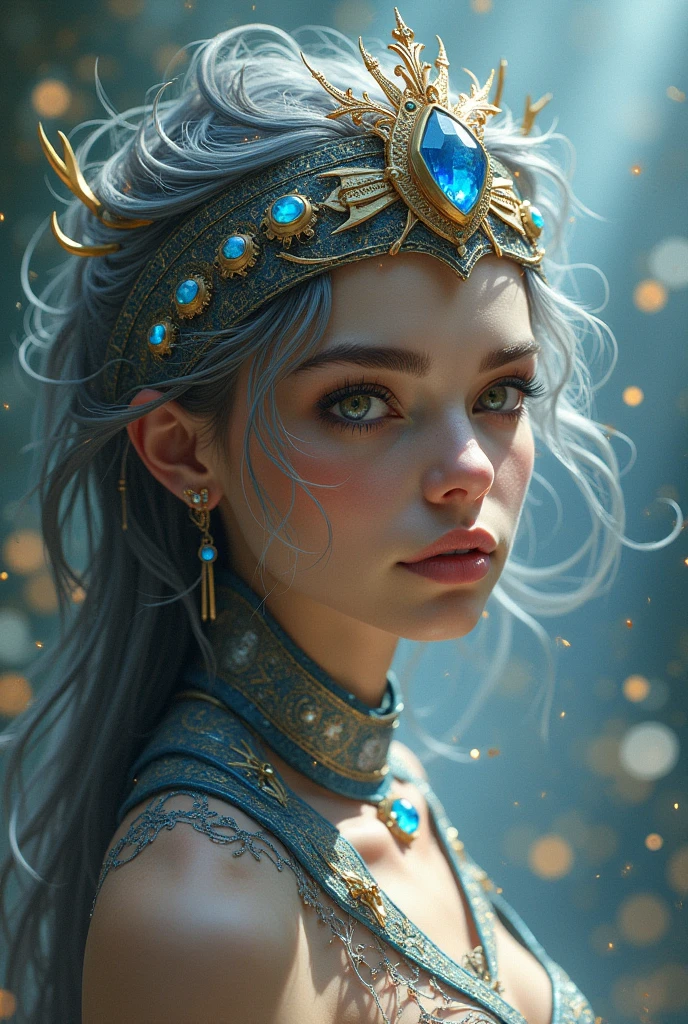 a whirlwind of souls rushing inside the metaverse, half body, brown eyes, tiara with sapphire, pharaoh, android, cyborg, cyberpunk face, d & d, fantasy, intricate, elegant, highly detailed, , vivid color