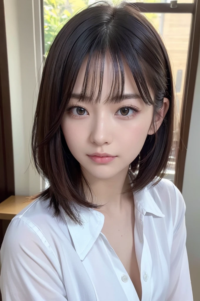 (best quality, 4K, 8k, highres, masterpiece:1.2), ultra-detailed, (realistic, photorealistic, photo-realistic:1.37), hyper detailed, extremely detailed, intricate details, sharp focus, physically-based rendering, professional, vivid colors, studio lighting、Japanese High School Girl、Natural Makeup、(Hair Color:Random)、middlehair、Inward curl、White shirt、Open shirt、Emphasize cleavage、side boob、under boob、flat breasts