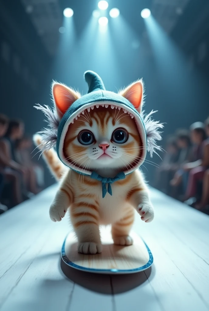 (photorealism:1.2), cute cat wearing shark fin and feather and surfboard walking on the runway