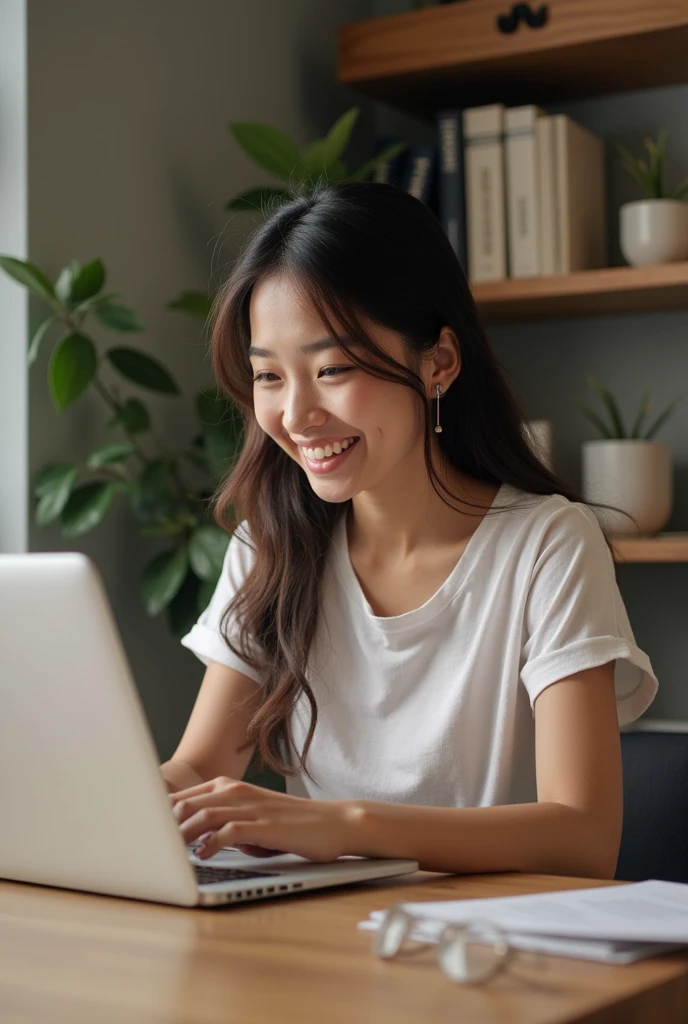 Asian woman having fun working