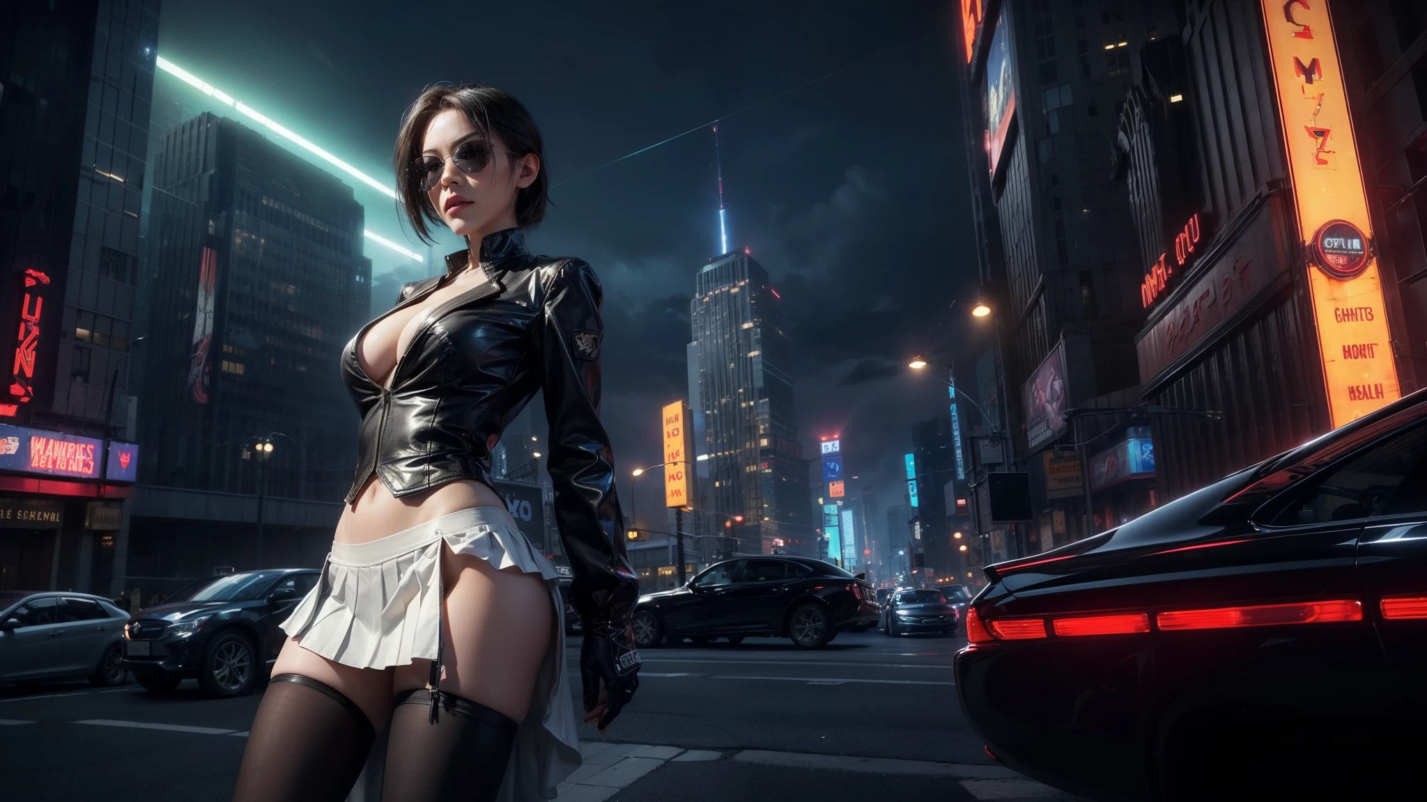 (Wide angle view). Matrix film inspired 1930s New York city, simple outlined neon tall buildings, glowing giant clock tower, cars, lightning, 3D rendering Beeple, Matrix-like glowing cascading code. At night, (1girl, solo, alone), photorealistic, medium-breast slim:0.6 body, oval:0.5 face, cleavage:1.1, sexy costume with deep-v, very low angle view of pleated miniskirt, white laced panty, ((upskirt)), glove, (Matrix style black micro sunglasses), ((aiming viewer with a short gun)), (half-body thigh level close-up shot), cinematic lighting, ray tracing.