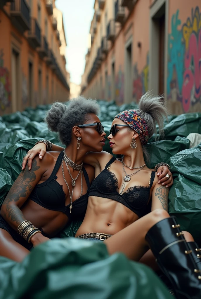 Two russian milf women: the dominant dark skinned gipsy woman with possessive stance (arm around her partner"s neck , leaning on her partner and the other hand grabbing her arm) protecting the pale submissive and needy one, who is helpless and looks up with open mouth, (her hair is messy and her bra straps of her shoulder). different clothes but same rock chic style. grey hair (bouffant, top bun) and oversized square sunglasses and wide colourful bandana as headband. Big lips. Black lace push up bra, silicone breast,, low rise black lace thongs. Tall knee high leather boots with necklaces in ankles.. Lots of thick wide studded bracelets, chain necklaces and big rings,. Long earrings with chains and feathers. Chains around their hips. Lounging lazily on a pile dark green plastic bags. Lazy, leaning back, laid back pose, separated legs. Neck, chest, stomach, feet, hands, arms and wrists heavily tattoed. Toned abdominals, thin neck, slim legs and thin arms. Narrow hips. Full body. At a Madrid narrow street with graffitied walls, ground littered with waste . Some nuns witness the scene. Sunny day