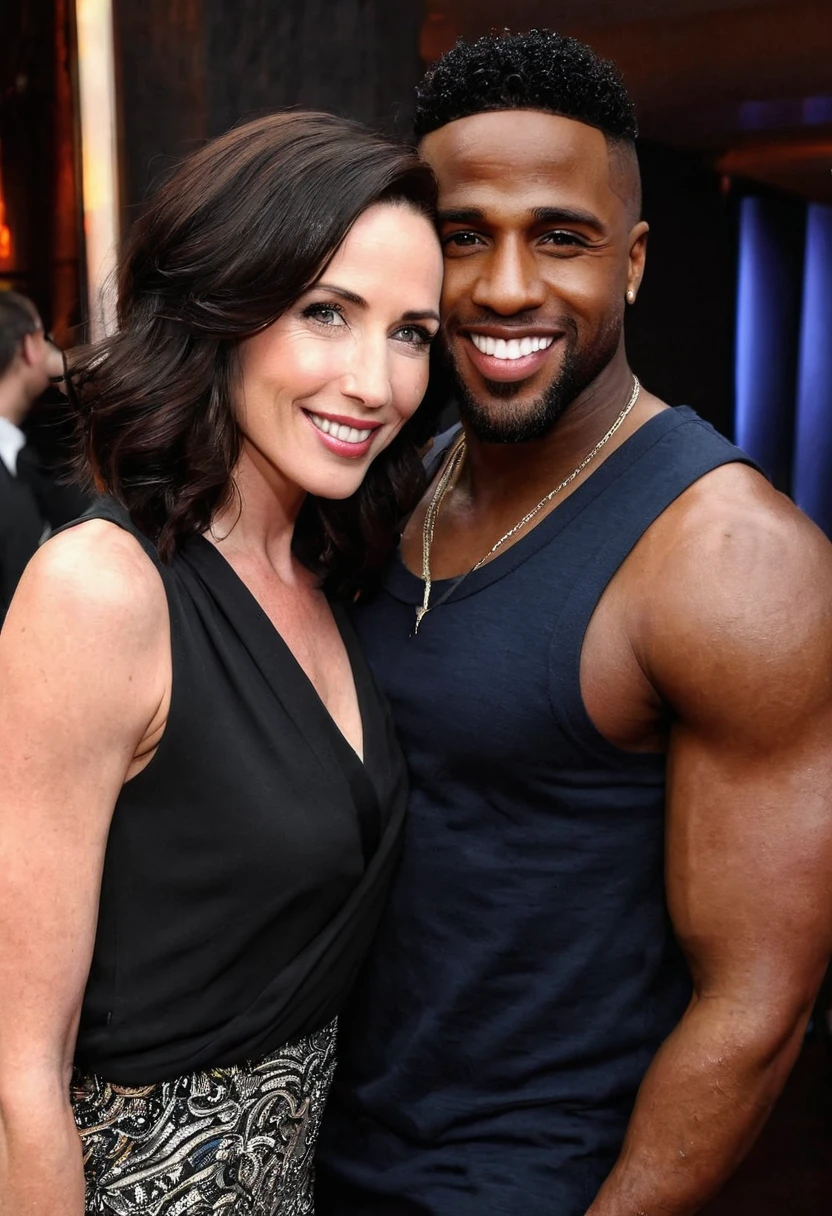 Caucasian actress Rena Sofer and a handsome African American male whose facial features are a combo of Jason Derulo + Nathan Mitchell + Jordan Calloway + Nick Cannon pose together for a photo. Both are smiling. Both are attired attractively but casually for a date. Rena has lovely makeup on her face. Daytime. Romantic ambiance. Symmetrical eyes. Symmetrical faces. Lovely details. Photorealistic. Full-colored photo. Professional photo. Highly detailed 8K.