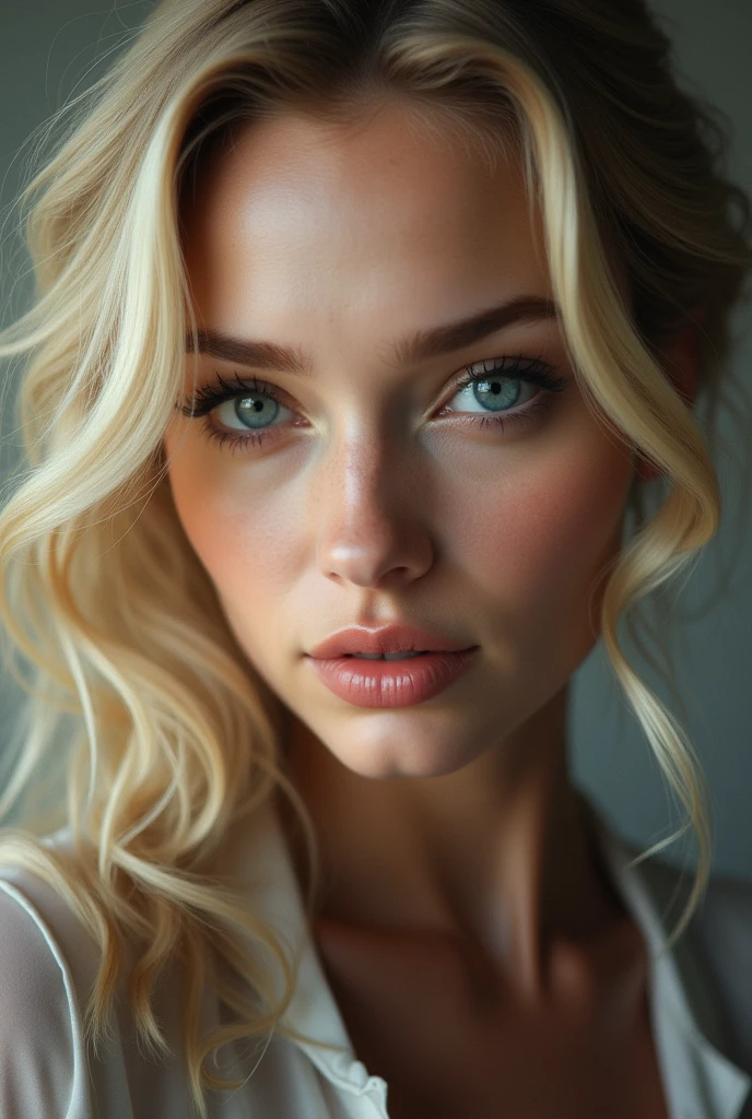Create a close-up portrait of a woman with distinctive facial features inspired by Natalie Dormer. She has a heart-shaped face with high cheekbones, almond-shaped blue eyes, and a slightly mischievous, asymmetrical smile. Her hair is blonde and slightly wavy, framing her face with soft, loose strands. The image should capture her unique blend of elegance and subtle playfulness, emphasizing her strong jawline and expressive eyes.