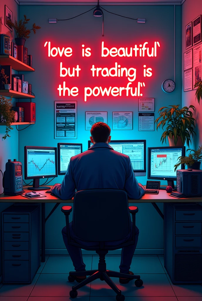 Computer and trading man stock market and bit coin and bill strategy and setup five computerthat man's blue coat pants and big face and small house writing on the wall is love is beautiful but trading is powerful red colour