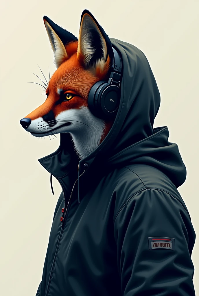 Fox wearing a jacket covering his face in hacker style with headphones on for profile logo