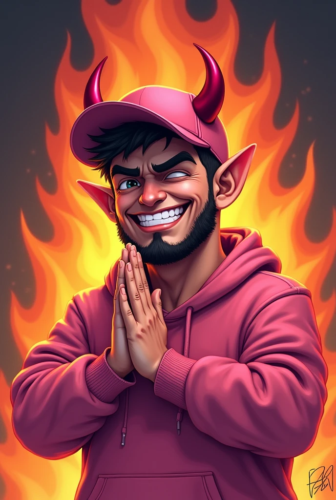 Cute drawing of a man, with pink cap, pink sweatshirt, thinking maliciously, with hands together, with little red horns on his head and a fiery background 
