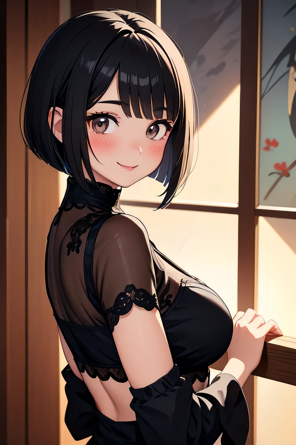 masterpiece、top quality、very detailed、beautiful lighting、[[small body]]、She has a bob haircut with bangs cut short...、black hair、clothing iriodern、[[big breasts]]、smile、blushing