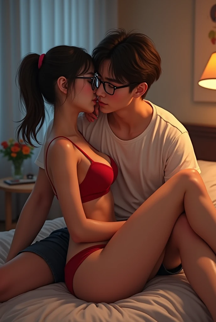 A cute,sexy girl wearing a two piece sexy red lingerie while studying on her study table with a low pony and slightly rounded glasses and bare feet. She looks sexy even without makeup. She has a pen  in her mouth. Her dominant boyfriend pulls her on his lap and begins giving her a hickey. He pins her on the bed, her glasses are still on and her hair are now open . They kiss each other’s lips