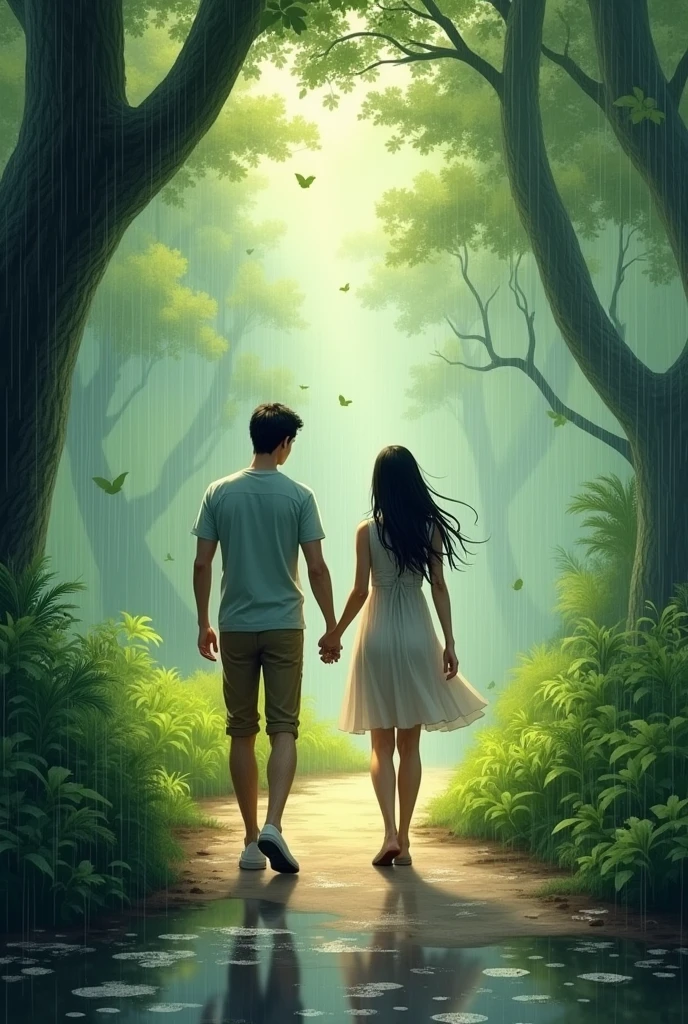 Couple walking in the rain in the nature