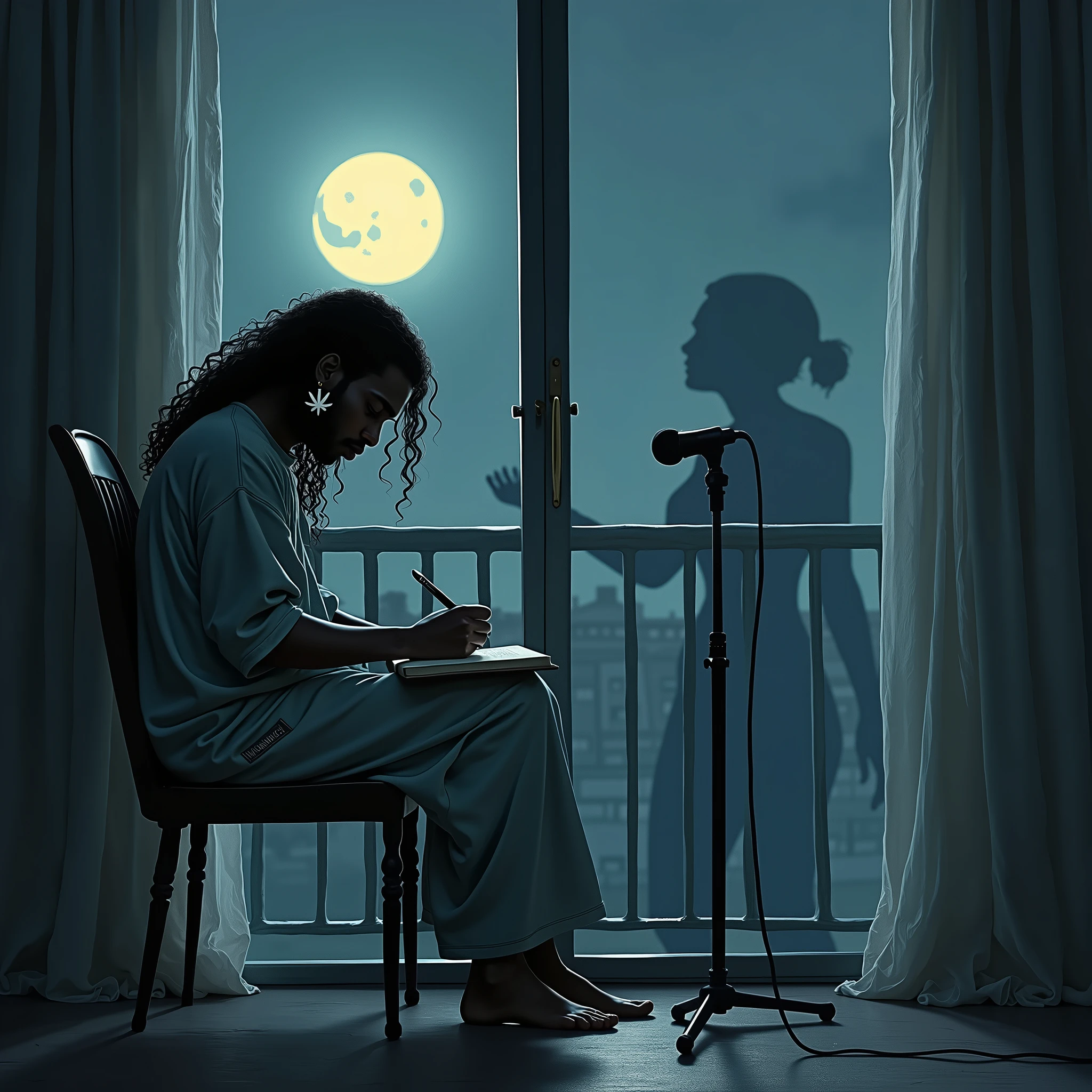 Generates an image of a dark-skinned man with long, wavy hair, sitting alone on a chair by his balcony. The man is immersed in the creation of poems, with a pen in his hand and an open notebook on his knees. The scene takes place on a calm night., illuminated by the light of a full moon visible through a large window. This soft, silver light bathes the room, casting subtle shadows that add depth and mystery to the scene. The man wears oversized clothing that hangs slightly from his body, emphasizing her relaxed and bohemian style. A dangling earring in the shape of a marijuana leaf shines on her ear, Capturing attention as a distinctive detail. at your side, A stand microphone is ready, suggesting that his words could be spoken aloud at any time. besides, A female shadow is perceived in the room, diffuse but present, which adds an air of enigma and emotional depth. At the top of the image, The title &#39;Moongirl&#39; should be written in large letters, with a worn and aged style, as if they had been stamped long ago, bringing a touch of nostalgia and melancholy to the overall composition