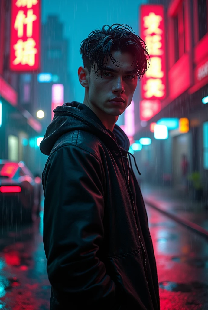 (masterpiece, best quality, High resolution, 32K drive background, extremely detailed CG:1), (weak performance on stage:1.0), ((Andrew Garfield: 1.55 by cyberpunk:1.5 )),(( Cyberpunk Night City:1.4)), Neon signs futuristic cars,dark place heavy rain, ((wet clothes magenta neon lights illuminate the young man perfectly:1.45) . 32K, Man facing the camera, Half body shot