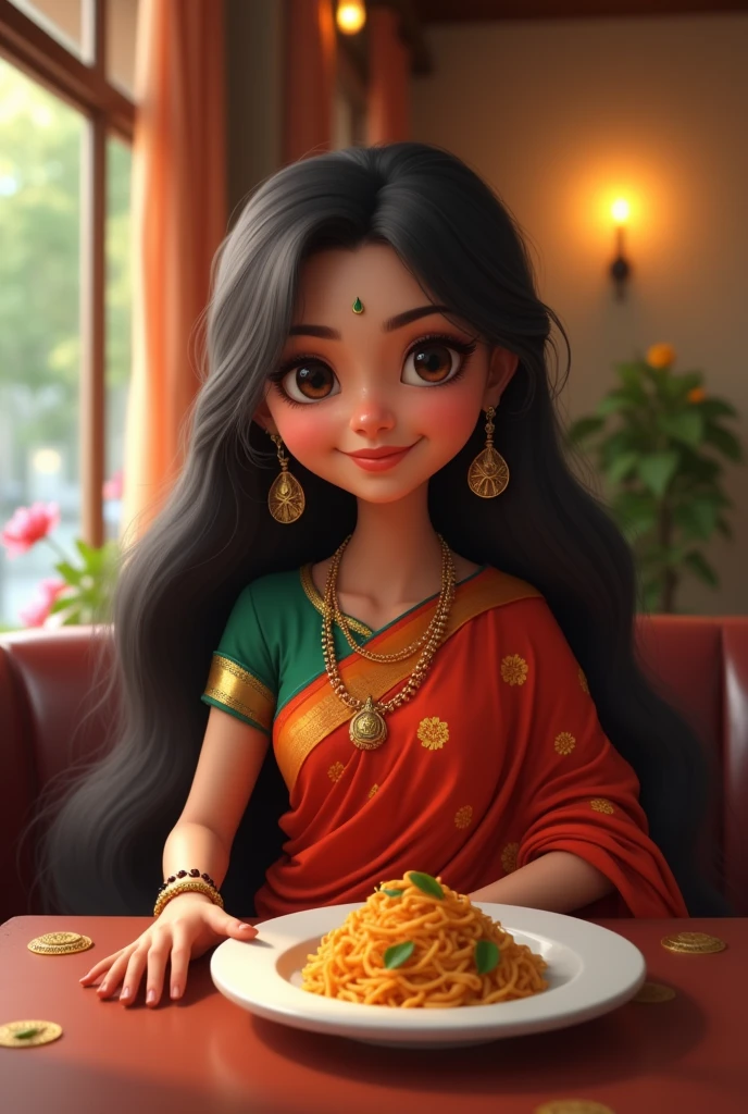 A 2 single indian girl little chuby in saree with long hair,seating on table in a restaurant