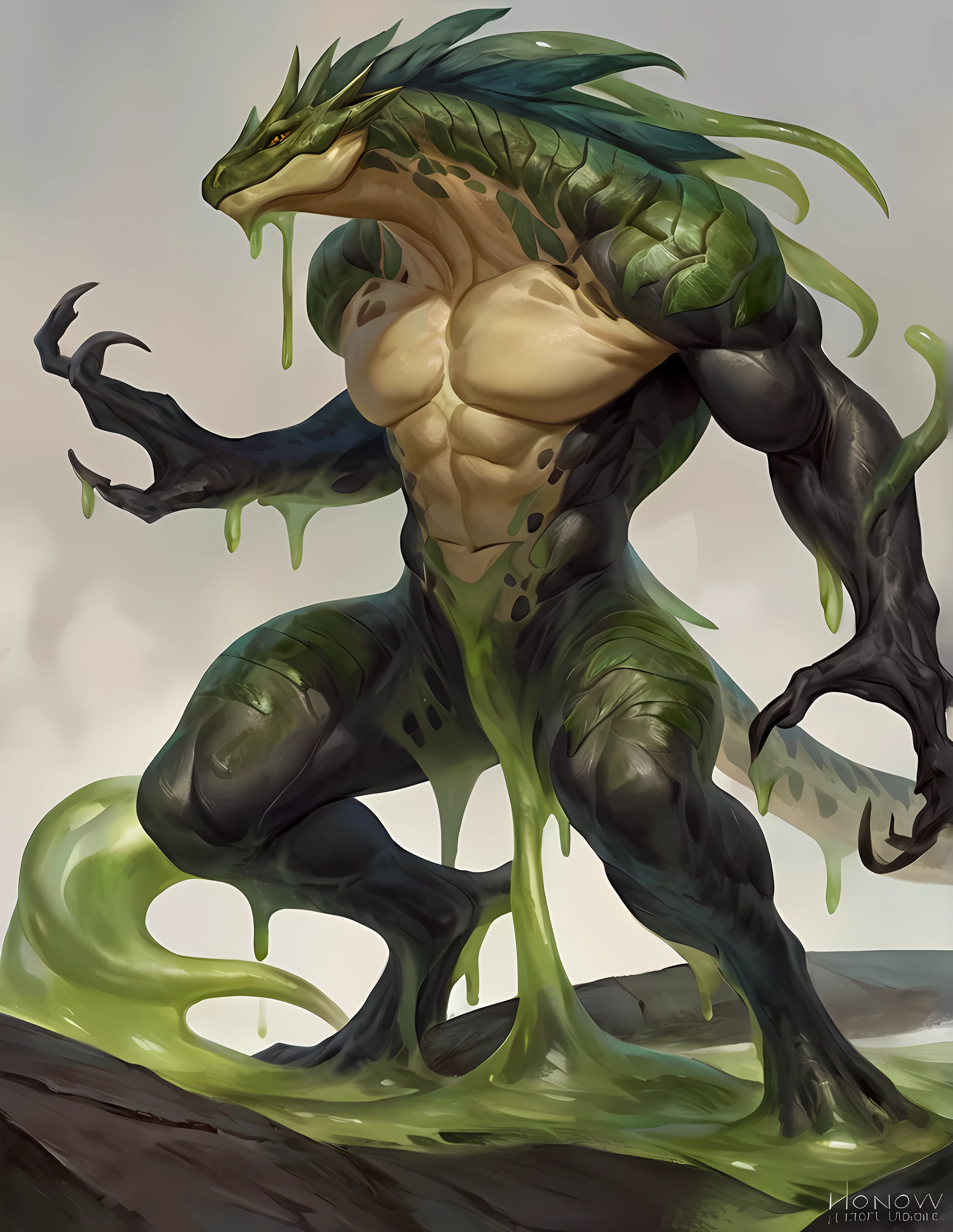 Muscular slime monster lizardfolk, slime mage, transparent body parts, topless bodysuit, comicbook style, best quality, 4k, ultra-detailed, by laobai, by taran fiddler, by honovy