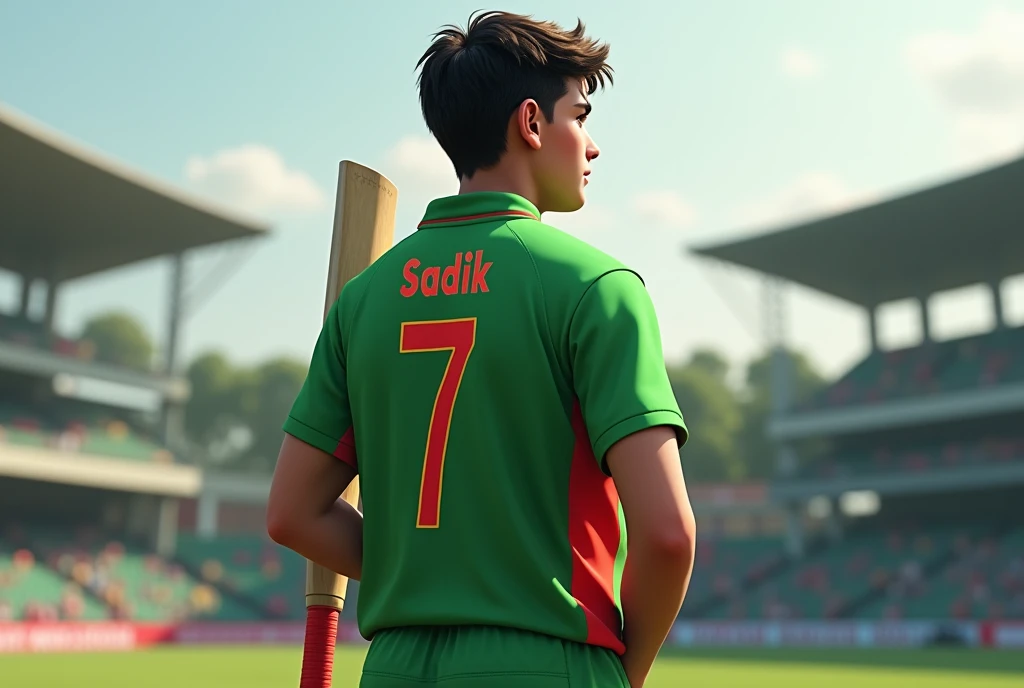 2 1 teen ager  wearing a green jarsey and red Design  in a cricket stadium holding cricket bat And the jarsey number is 7.Show the backside.show the name of jarsey Sadik