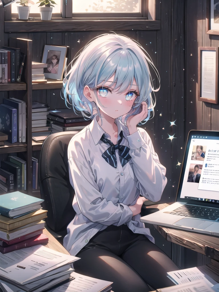 ((8k, Highest quality, masterpiece: 1.3)),Ultra-high resolution,(1 girl, alone), (Color changing eyes, Ultra-detailed, Expressive brilliance, Glitter, Glowing Eyes), Highly detailed eyes, Highly detailed face, Random Hair, ((pastel colour))In a small, cozy home office, the woman is sitting at her wooden desk, cluttered with papers, sticky notes, and a cup of coffee in a simple ceramic mug. She’s in the middle of a video conference, her face illuminated by the soft glow of the laptop screen. Dressed casually in a light blue button-down shirt and black leggings, her hair is loosely tied back, with a few strands falling around her face. She glances at the camera with a tired yet determined expression, her eyes showing the strain of a long day but still engaged and committed to her work.