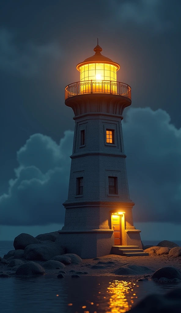Lighthouse glowing at night, warm yellow tone, ultra wide angle lens, bright light, ultra clean background, C4D, OC renderer, 3D effect