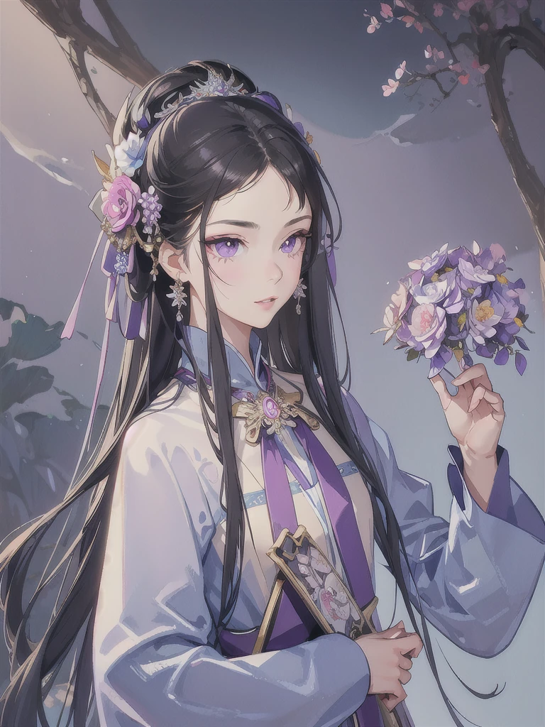 masterpiece, Highest quality, A girl holding a bouquet, 超detailed, Ultra-high resolution, Distinctive facial features, Anatomically correct, pretty girl, detailed, Long pointy ears, Fairy, Nice face,Black Hair, Purple eyes, Polish national costume, Big beautiful bouquet,Art Deco,