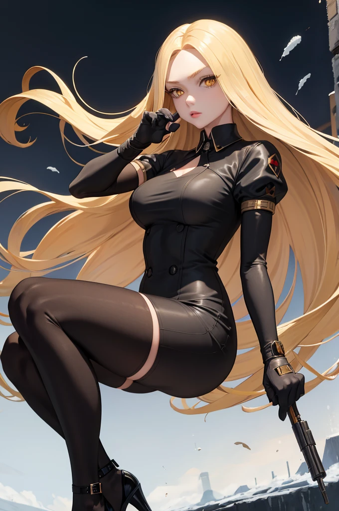 masterpiece, best quality, beige hair, sfKolin,black dress, night, black gloves, holding clipboard, looking at viewer, high heels, yellow eyes, machine-gun, anime