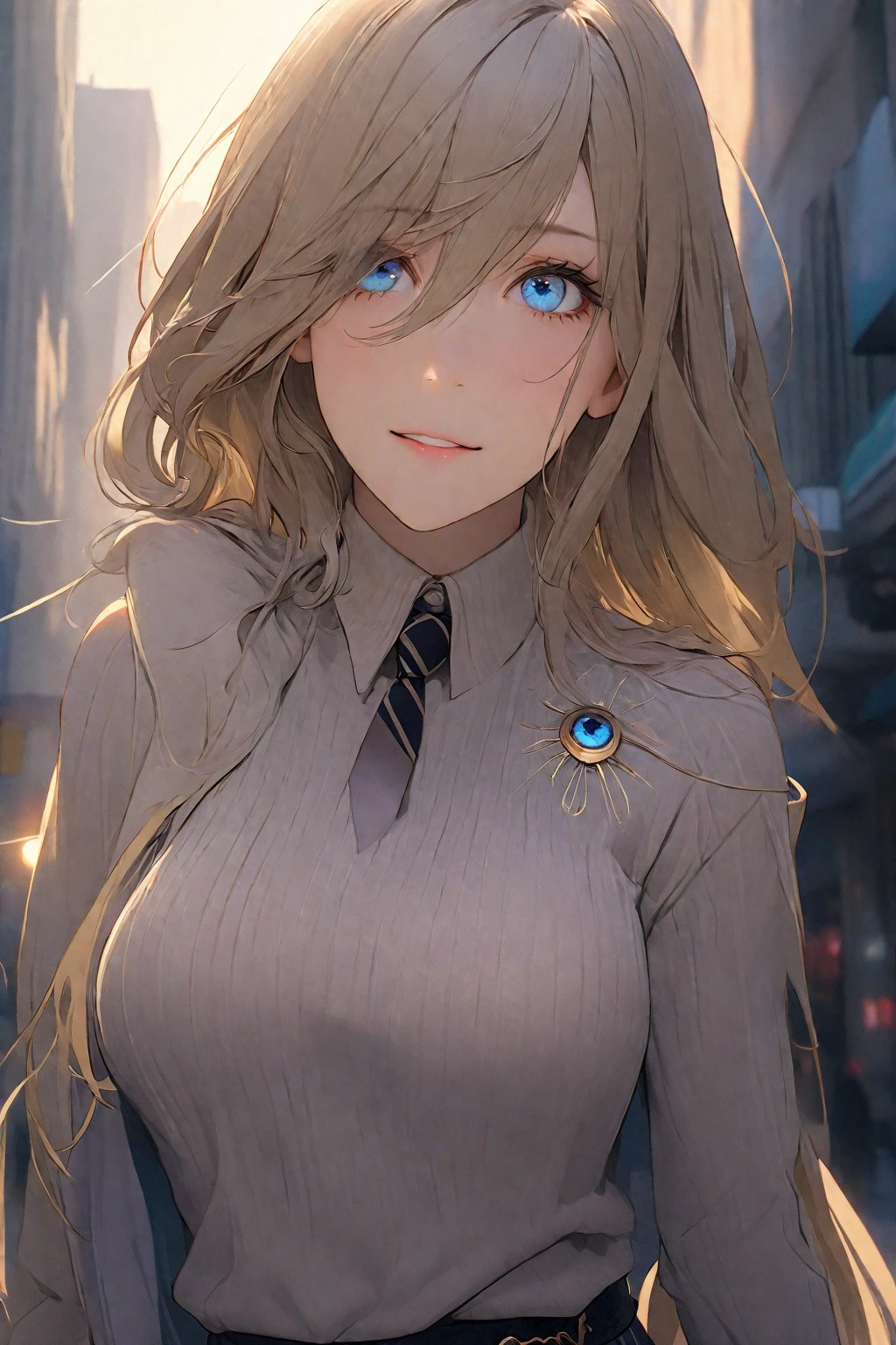  long hair, (blue eyes:1.3), gold hair, hair between eyes, smile,Mannish Fashion,
long coat, slender pants, jewelry,Transparent black brown with vertical stripes , striped, bracelet, plaid, plaid skirt, striped necktie, collared shirt, (light brown sweater:1.2),
BREAK  downtown,sunlight,
BREAK looking at viewer, (cowboy shot),
BREAK (masterpiece:1.2), best quality, high resolution, unity 8k wallpaper, (illustration:0.8), (beautiful detailed eyes:1.6), extremely detailed face, perfect lighting, extremely detailed CG, (perfect hands, perfect anatomy),