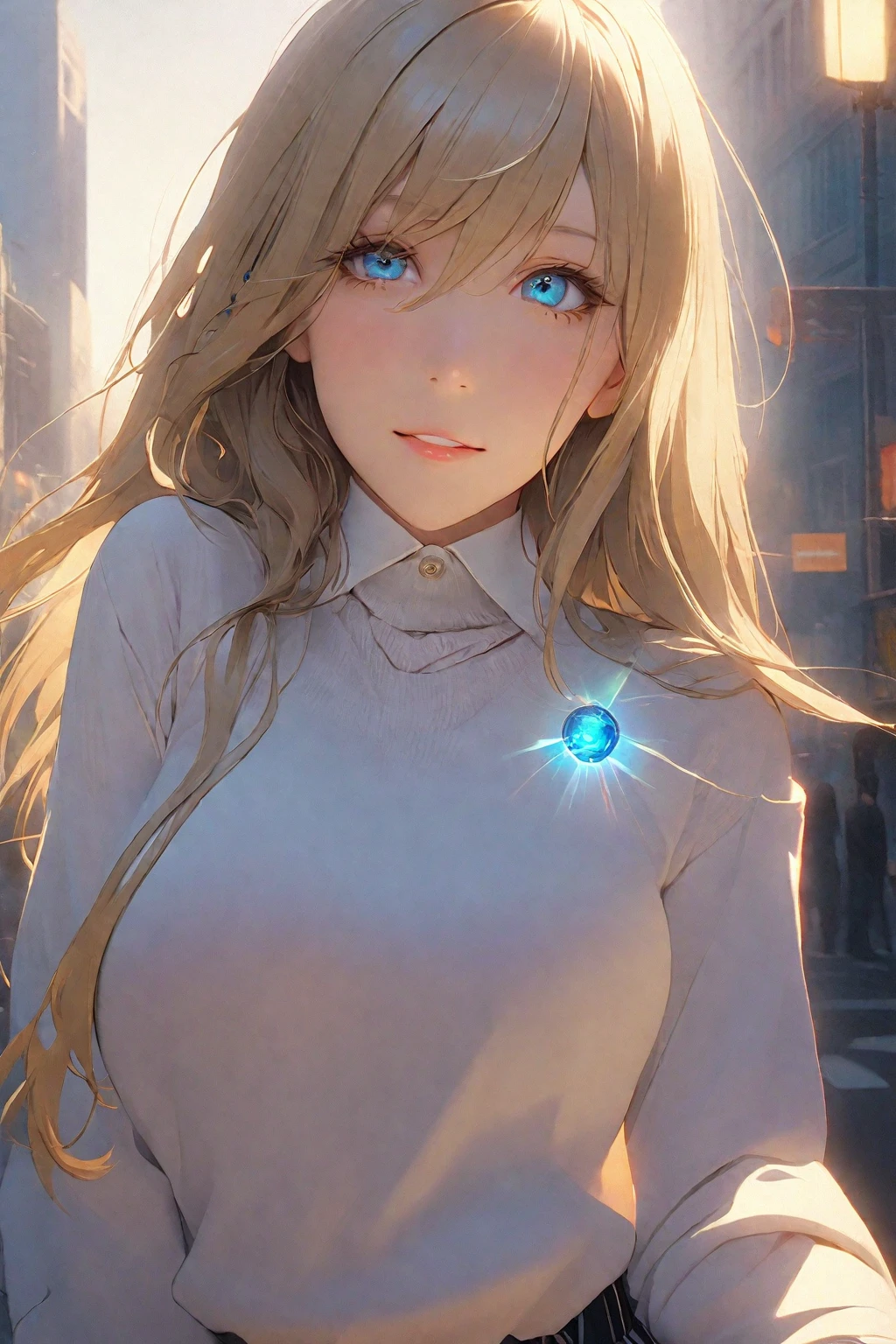 long hair, (blue eyes:1.3), gold hair, hair between eyes, smile,Mannish Fashion,
long coat, slender pants, jewelry,Transparent black brown with vertical stripes , striped, bracelet, plaid, plaid skirt, striped necktie, collared shirt, (light brown sweater:1.2),
BREAK downtown,sunlight,
BREAK looking at viewer, (cowboy shot),
BREAK (masterpiece:1.2), best quality, high resolution, unity 8k wallpaper, (illustration:0.8), (beautiful detailed eyes:1.6), extremely detailed face, perfect lighting, extremely detailed CG, (perfect hands, perfect anatomy),