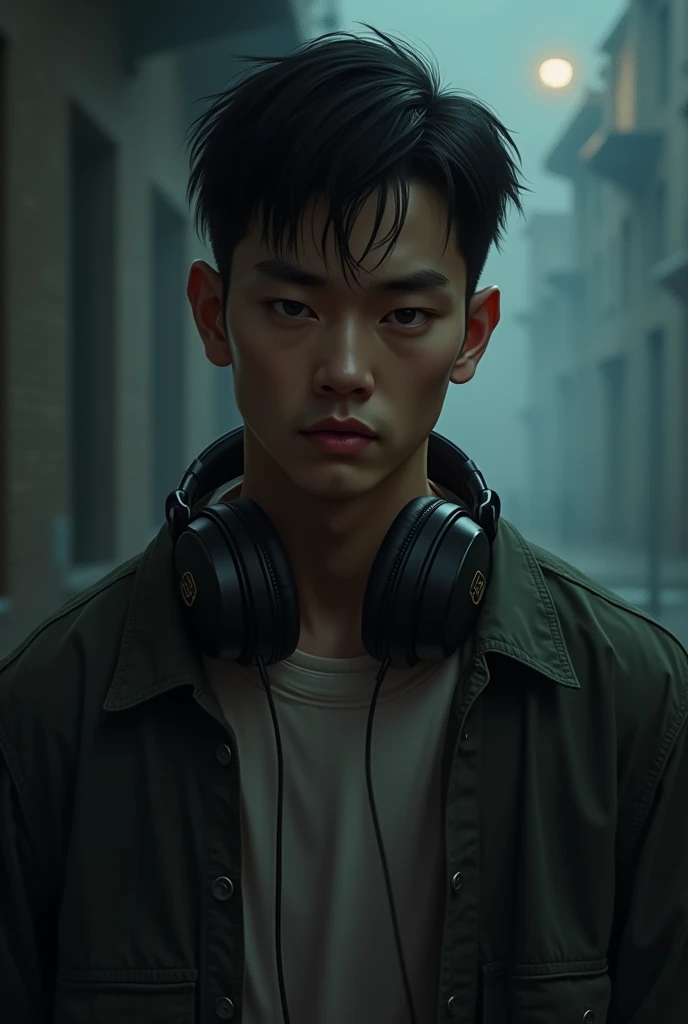 Help me design a serious medium tall guy , antisocial and resentful who likes music and is physically clubby , half chubby , Asian and dark skinned