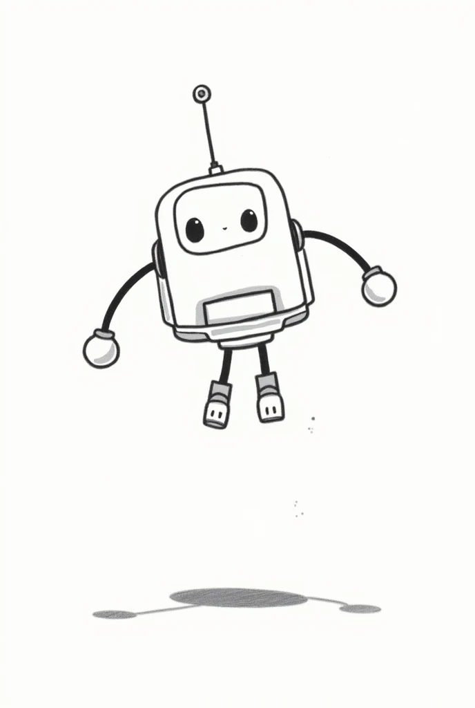 create a picture of a robot in 2D style, drawn with a black marker. The robot must be simple, composed of basic geometric figures and without much detail. frontal. Specifications: Short height and thick build.
Robot levitates in the air without wings.
It doesn't have legs.
FLEETS WITHOUT FILLING It has only one eye that shoots a laser beam.
Their limbs are long but of simple design..
IT IS LARGE SIZE There should be no filling OR DOUBLE LINES, only outlines. frontal