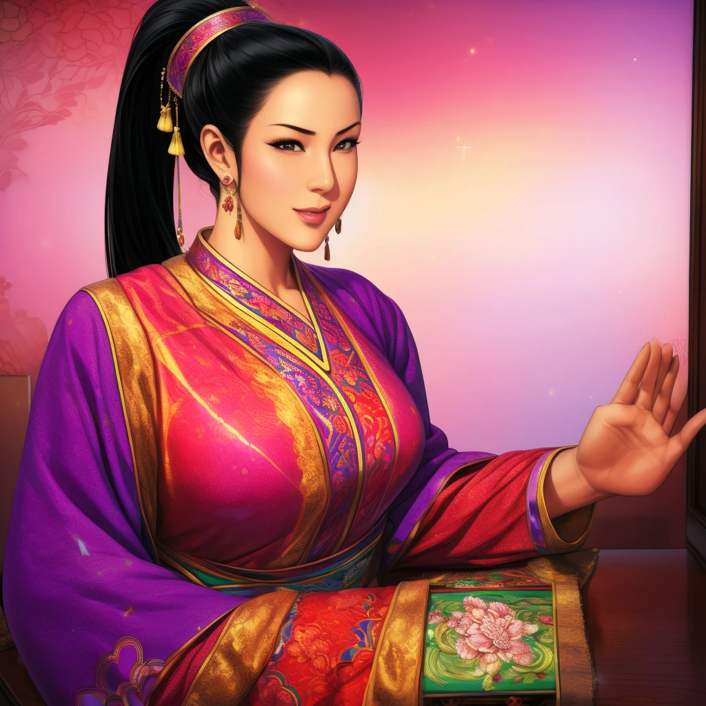 absurd, high resolution, Extremely detailed), (1 Girl:1.3), Ponytail, Black hair, , contemporary aesthetics rest , Enamel Art, Glassy surface, Vibrant colors, Bright finish, Reflective texture, Rich in pigment, fluid forms rest ,Chinese ethnic style, Traditional Clothing, Vibrant Patterns, Handmade Textiles, Cultural Themes, Beaded Jewelry, Handmade accessories,Big all over