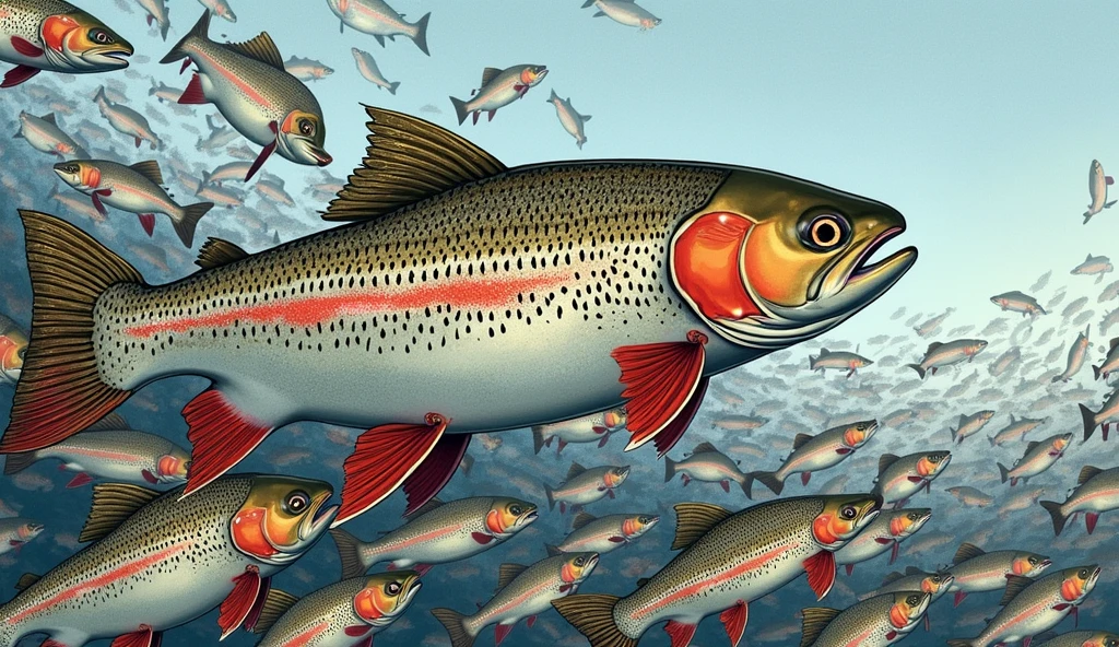 one hundred any freshwater fish trout, in one big picture means completeness, endless pattern, arranged in a chaotic manner, illustration for a postcard, vector