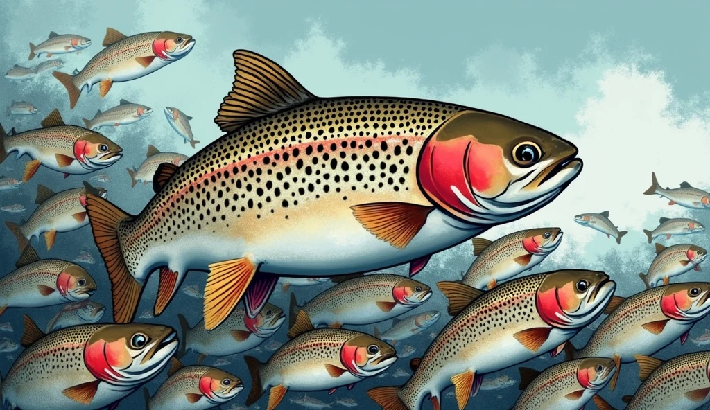 one hundred any freshwater fish trout, in one big picture means completeness, endless pattern, arranged in a chaotic manner, illustration for a postcard, vector