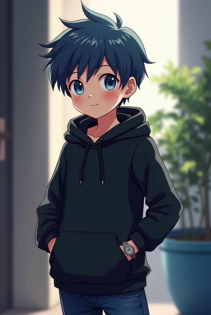 cute handsome boy small baby bump in stomach, wearing black hoodie jeans watch on hand, anime .. with blue eyes and fluffy hair