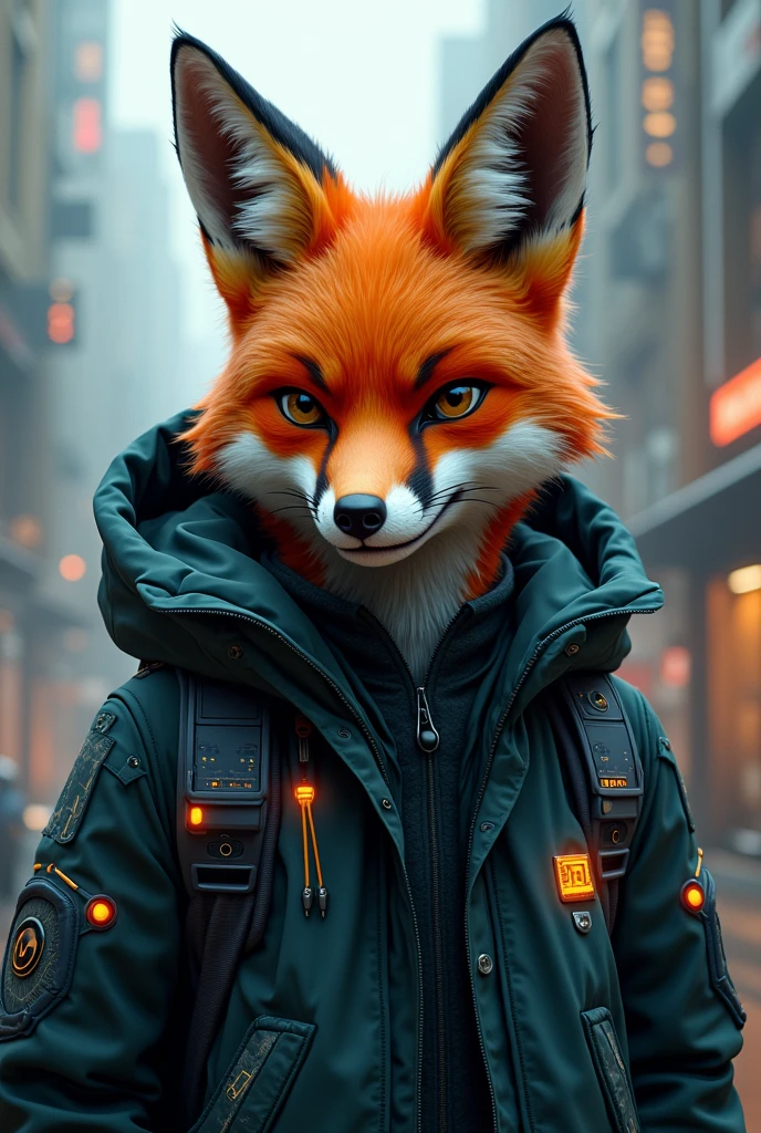 Fox with a hacker-style face-covering jacket