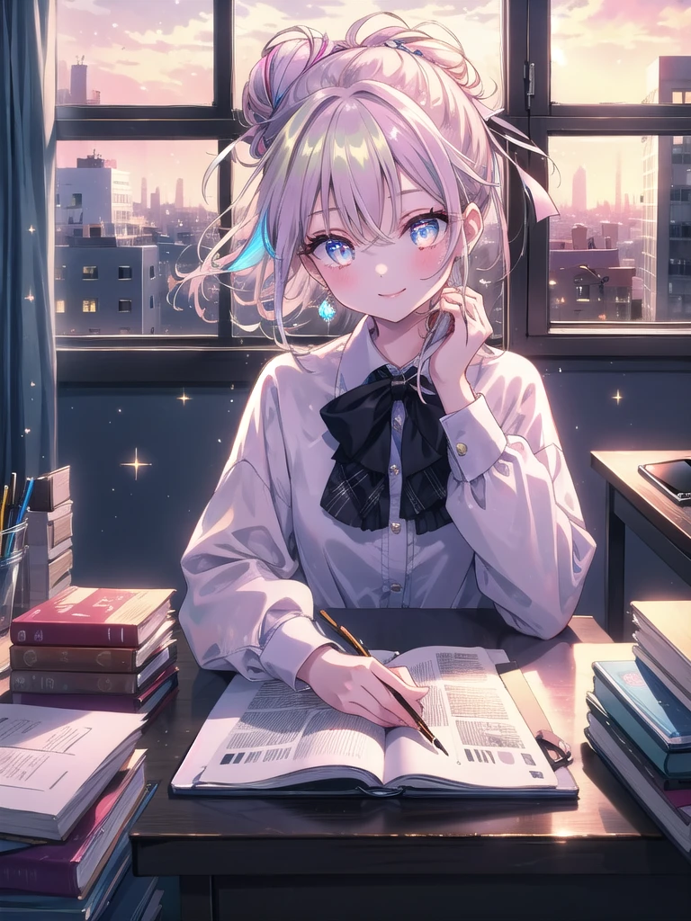 ((8k, Highest quality, masterpiece: 1.3)),Ultra-high resolution,(1 girl, alone), (Color changing eyes, Ultra-detailed, Expressive brilliance, Glitter, Glowing Eyes), Highly detailed eyes, Highly detailed face, Random Hair, ((pastel colour)) In a small, private office with a large window overlooking the city, the woman is typing on her laptop, her fingers moving quickly over the keys. The desk is modern, with a few office supplies, a coffee cup, and a tablet beside her. She’s dressed in a simple blouse and pencil skirt, with her hair tied back in a low bun. She glances at the camera with a contented smile, her eyes bright with satisfaction as if she’s just completed a challenging task.