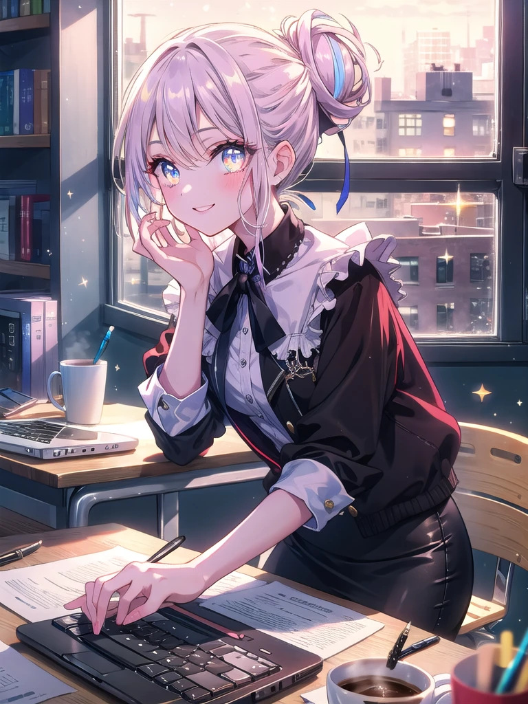 ((8k, Highest quality, masterpiece: 1.3)),Ultra-high resolution,(1 girl, alone), (Color changing eyes, Ultra-detailed, Expressive brilliance, Glitter, Glowing Eyes), Highly detailed eyes, Highly detailed face, Random Hair, ((pastel colour)) In a small, private office with a large window overlooking the city, the woman is typing on her laptop, her fingers moving quickly over the keys. The desk is modern, with a few office supplies, a coffee cup, and a tablet beside her. She’s dressed in a simple blouse and pencil skirt, with her hair tied back in a low bun. She glances at the camera with a contented smile, her eyes bright with satisfaction as if she’s just completed a challenging task.