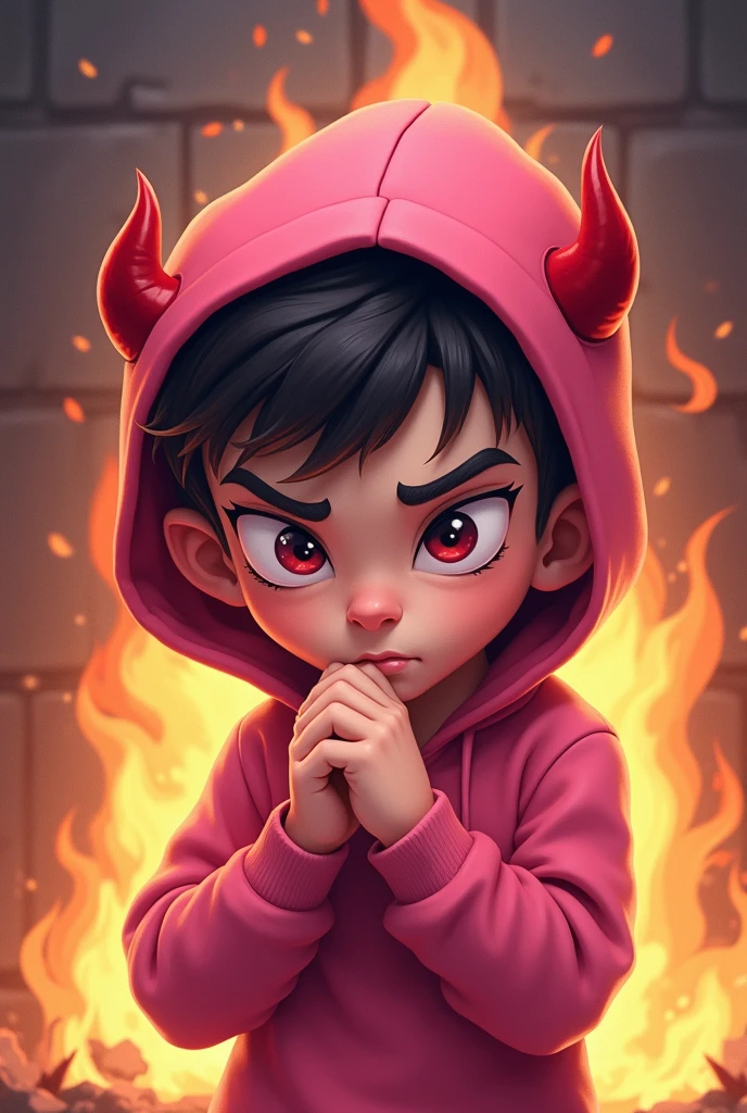 Cute drawing of a boy, with pink cap, pink sweatshirt, thinking maliciously, with hands together, with little red horns on his head and a fiery background