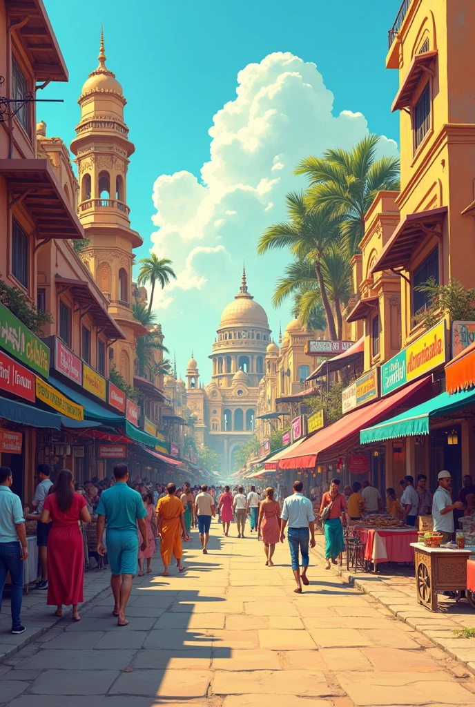 Create a illustration of The most popular places in ahemdabad on one street line.