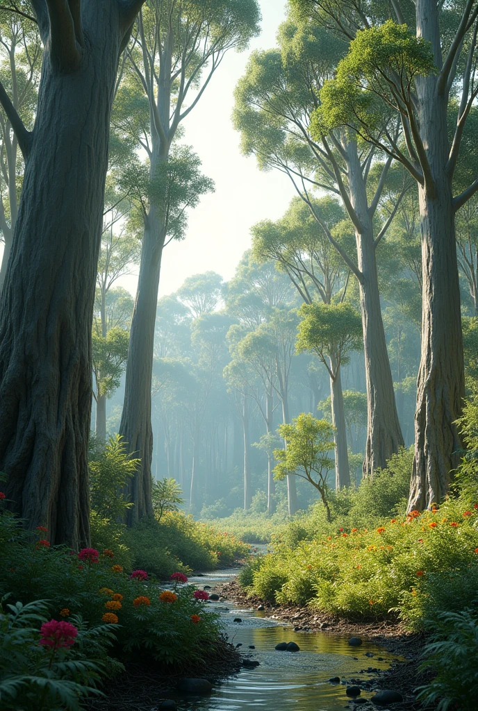 Create a landscape of a eucalyptus forest