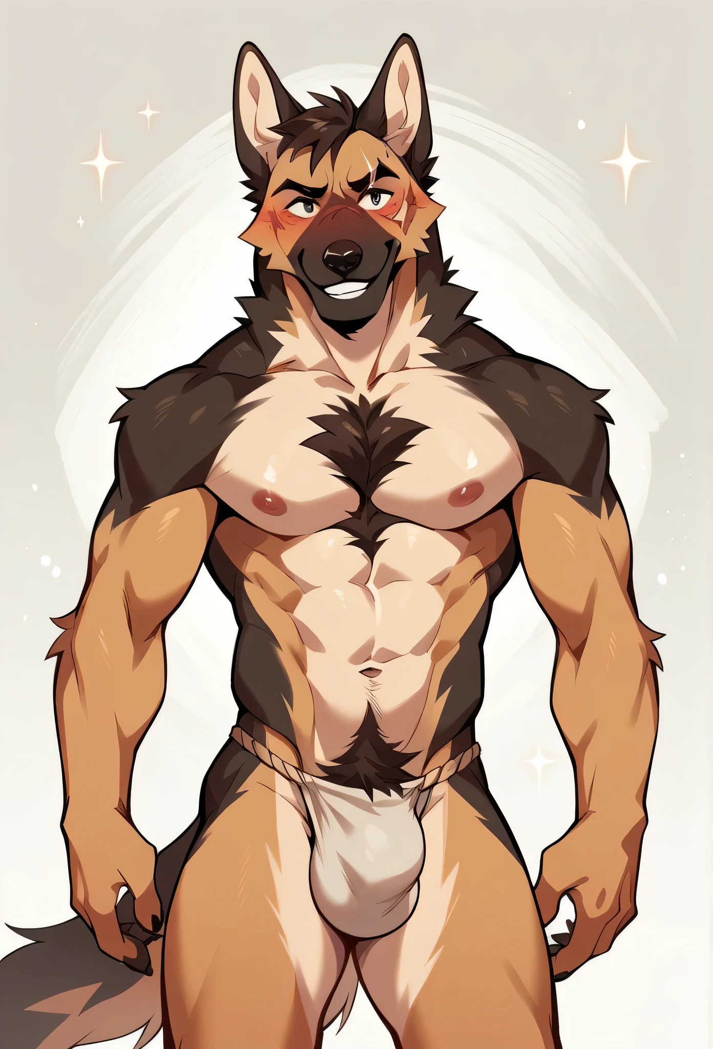a male German Shepherd dog, hairy, smiling, blushing, wearing a white loincloth, neutral expression, dynamic lighting, crotch bulge, beautiful illustration, extremely detailed, impressionistic style with rich and colorful tones,Facial scars