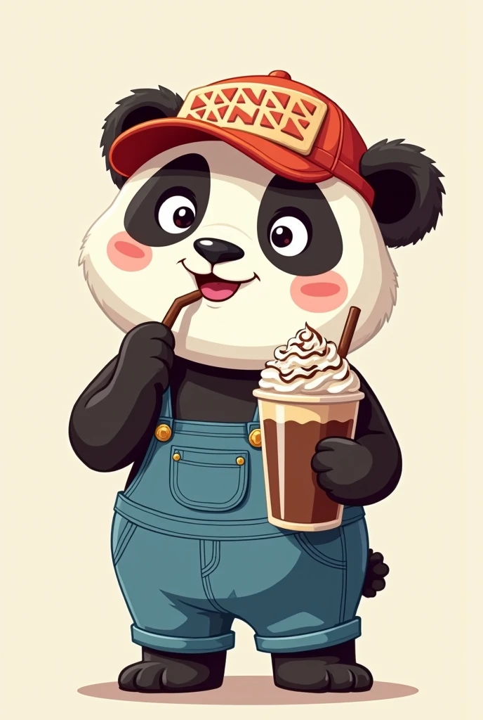Panda in overalls with chocolate frappe and with a visor cap with 2d animation