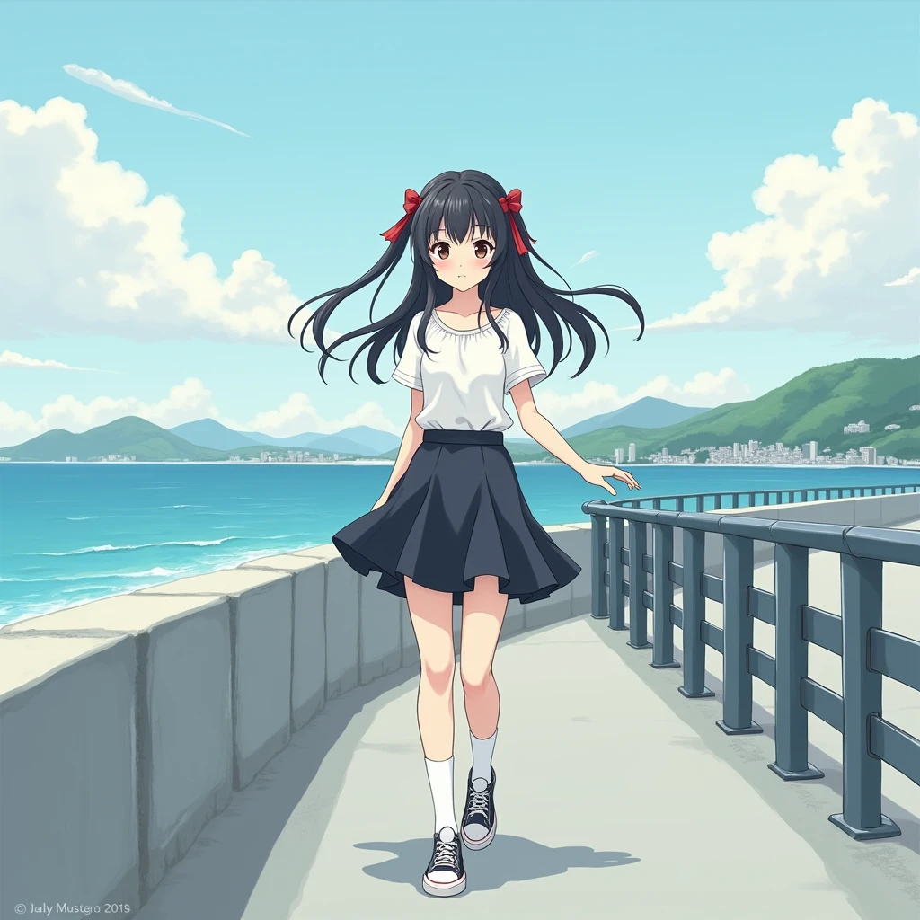 Anime Style,
Ocean沿いを歩く一人の少女.
She is wearing a cute white blouse with short sleeves and no buttons., She is wearing a mid-length black flared skirt., Not a school uniform,
Wearing white knee-high socks, Wearing sneakers.
Her hair is red ribbons low twintails, very long and black,
not high twintails, Not half-up.
Late teens, Small breasts, Has dark brown eyes.
Concrete revetment, Ocean, Ocean岸線, Mountain, Streetscape,
Daytime, from front.