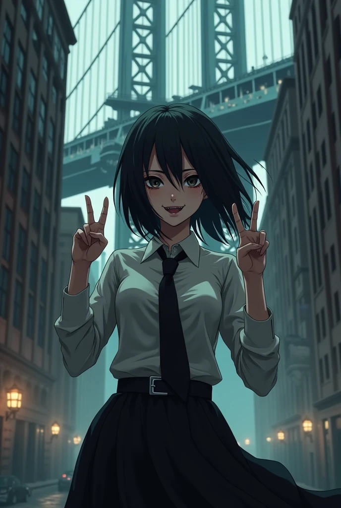 The image is anime style cowboy bebop and Darker than black with shadows and dim lights, anime style although somewhat adult and dark, It shows a woman with black hair and dark eyes., smiling in a sinister and psychopathic way, who wears a formal shirt and skirt and makes a photo sign with his fingers. He looks psychopathic. Behind her, You see a huge grey city with a huge bridge that goes to the sky.