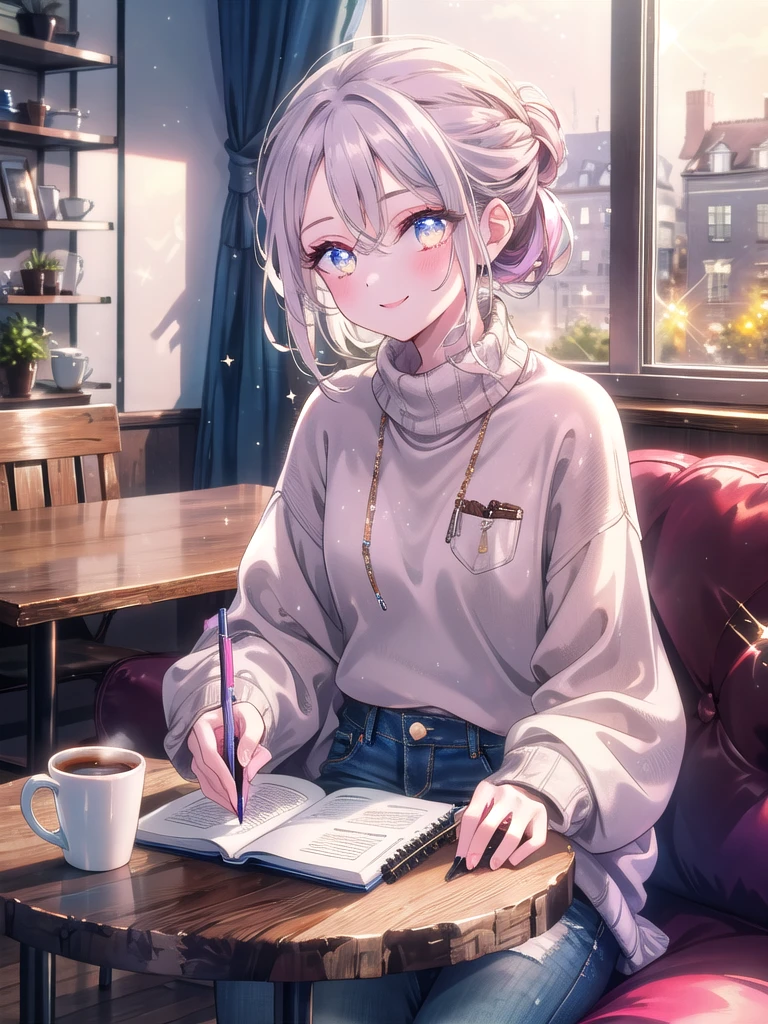 ((8k, Highest quality, masterpiece: 1.3)),Ultra-high resolution,(1 girl, alone), (Color changing eyes, Ultra-detailed, Expressive brilliance, Glitter, Glowing Eyes), Highly detailed eyes, Highly detailed face, Random Hair, ((pastel colour))The woman is at a café, working remotely. She’s seated at a small round table with her laptop open, a cup of coffee beside it, and a notebook on the other side. She’s dressed casually in a knit sweater and jeans, with her hair pulled back into a casual updo. She looks at the camera with a happy, relaxed smile, her eyes showing contentment as she enjoys the flexibility of working in a comfortable, informal setting.