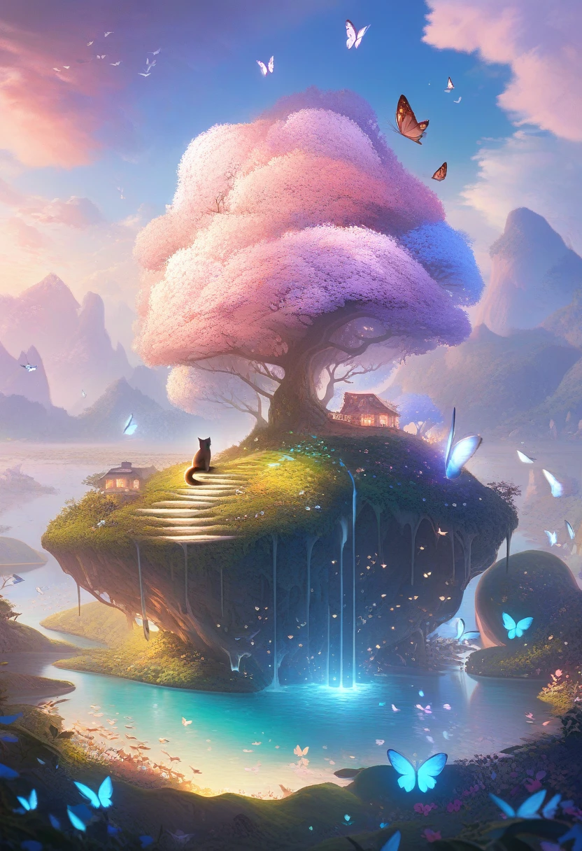 ((Masterpiece)), ((Best Quality)), (Very Detailed), ((Very Detailed)), 4K, (8K), very aesthetic, absurdres highres, On an island floating in the sky, a fluffy cat plays with mysterious butterflies while being illuminated by soft light, and a fantasy world with floating clocks and melting landscapes spreads out.
