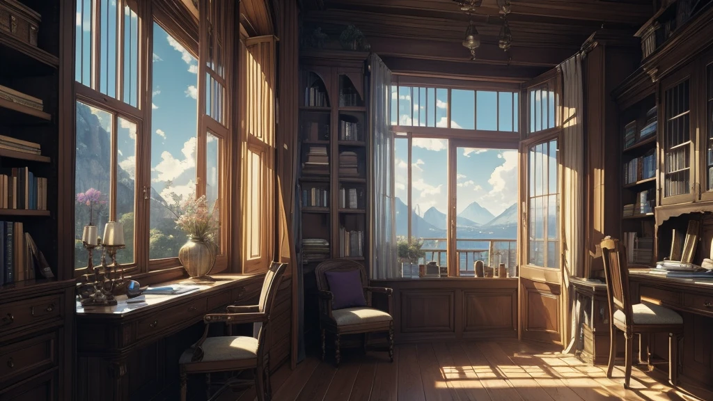 ((masterpiece)),((Highest quality)),((High Detail)),nobody,background, fantasy, Study, Bookshelf, Pale Light, Wind, silk curtains