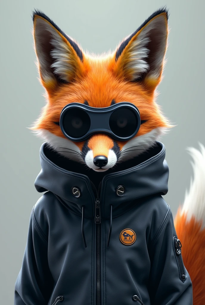 Fox with a hacker-style face-covering jacket, head on