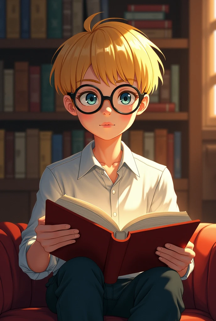 Make a blonde boy, using glasses, this boy is and looks super smart thinking that could do the same as the ??? of the book that his reading