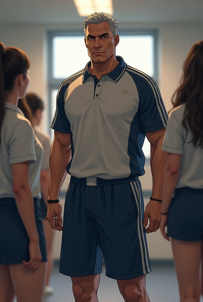 50 years old man work as high school boss of all principal that is ambitious and strict to staff and students. At the same time he always want to have sex with the female teachers and principals. His cloth during sport event