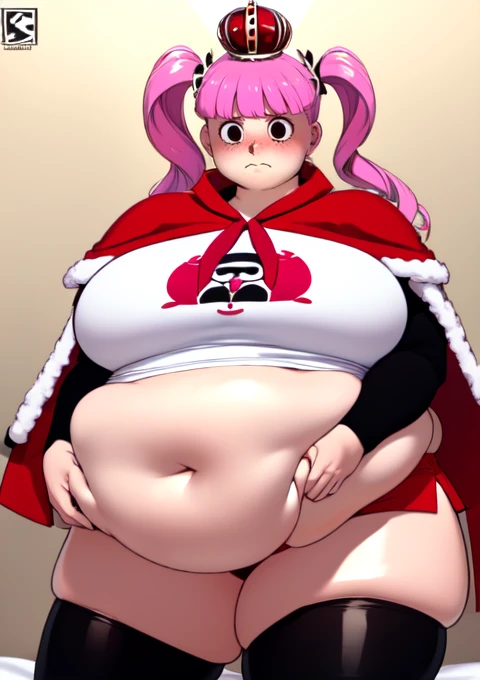 (masterpiece, best quality), 1girls, big belly, blurry background, huge belly, art by kipteitei, round belly, chubby, curvy, pink pony tails, ((red frilly mini skirt)), (( wearing black and white horizontally striped thigh highs)),  castle background, belly bursting out of white long sleeved logo reglan tee shirt ,((( white long sleeve tee shirt with logo))), (((wearing a black and red crown))) , enormous belly, fat belly, thicc, bigger belly, really big belly, jiggly belly, giant huge belly, big enormous belly, ((((gigantic belly)))), bloated belly, fat belly, ginormous big belly, expanding big belly, sfw, safe for work, laying flat on a bed with outstretched arms and legs, sfw (safe for work), perona, blushing,she is embarrassed ((her belly is being grabbed and played with by floating hands)), she is wearing tall red laced up boots, (((wearing red capelette draped over her shoulders with wool on the edges))), belly grab and belly hang, overhead camera angle