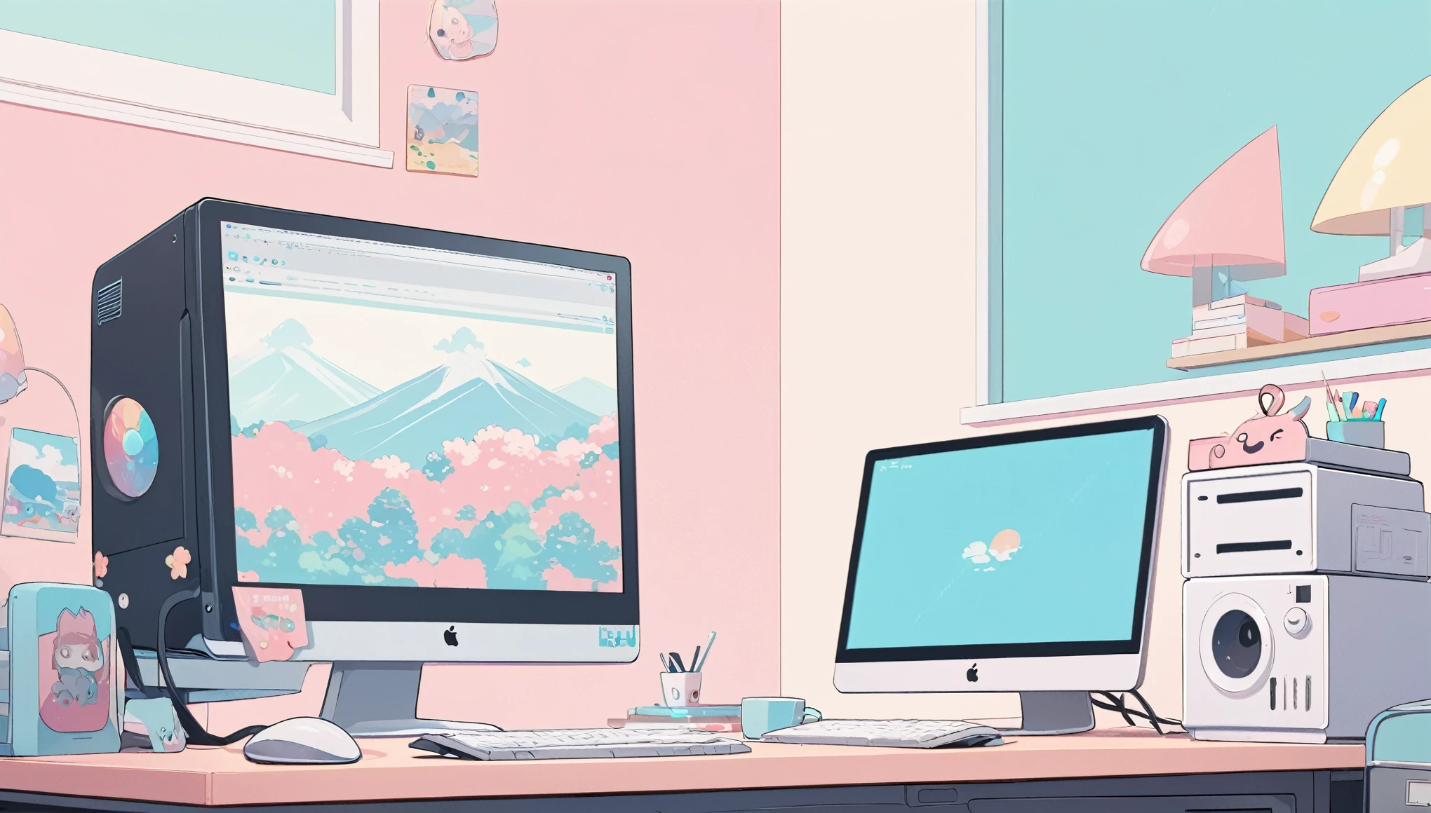 Highest quality,Computer on desk,Cute anime style, Smooth anime art, pastel colour